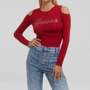 Guess - Ruby Red Cold Shoulder Long Sleeve Sweater Top - NWT - Size XS